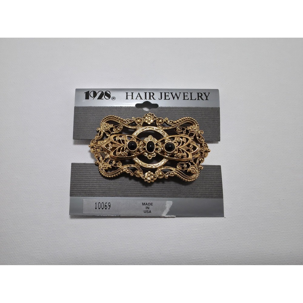 1928 Vintage Hair Jewelry Gold Tone Filigree Black Cabochon Barrette Hair Clip